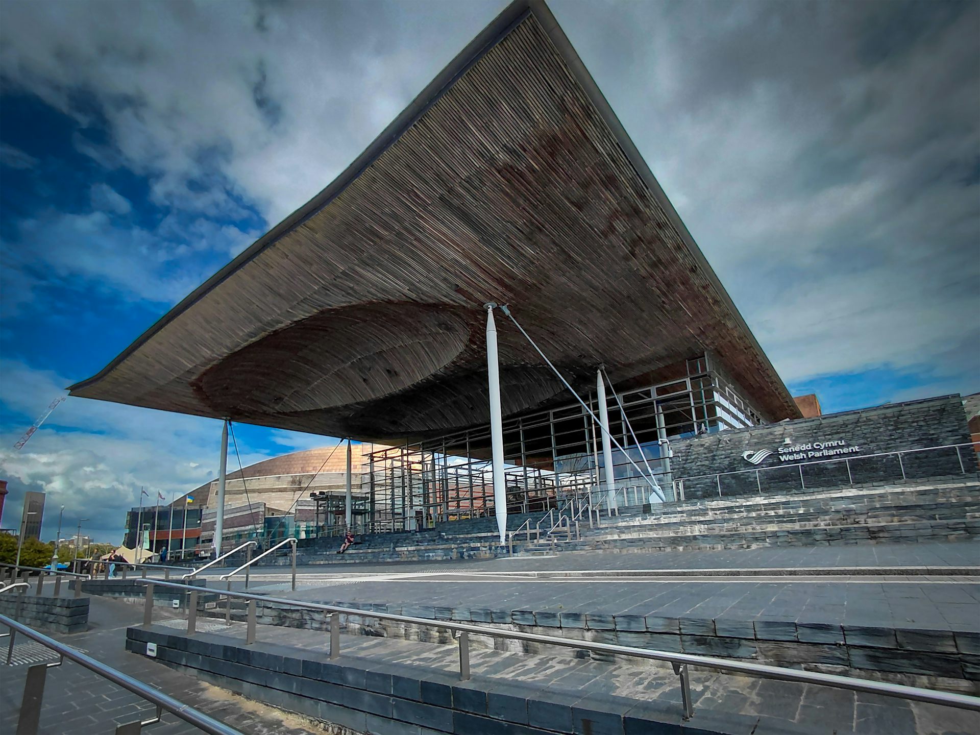 An exterior view of the Senedd in Cardiff Bay.