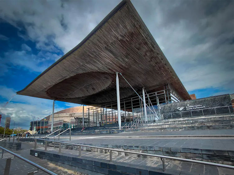 An exterior view of the Senedd in Cardiff Bay.