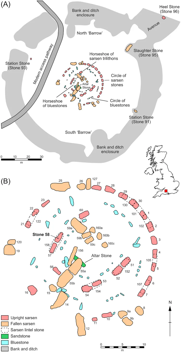 Map of Stonehenge monument and numbered plan of individual stones