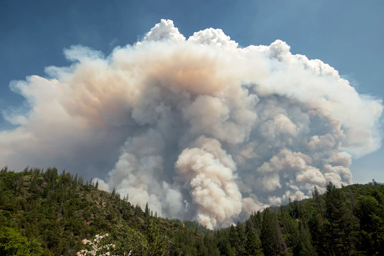 Una gran nube sobre el humo y un bosque, con cielo azul alrededor