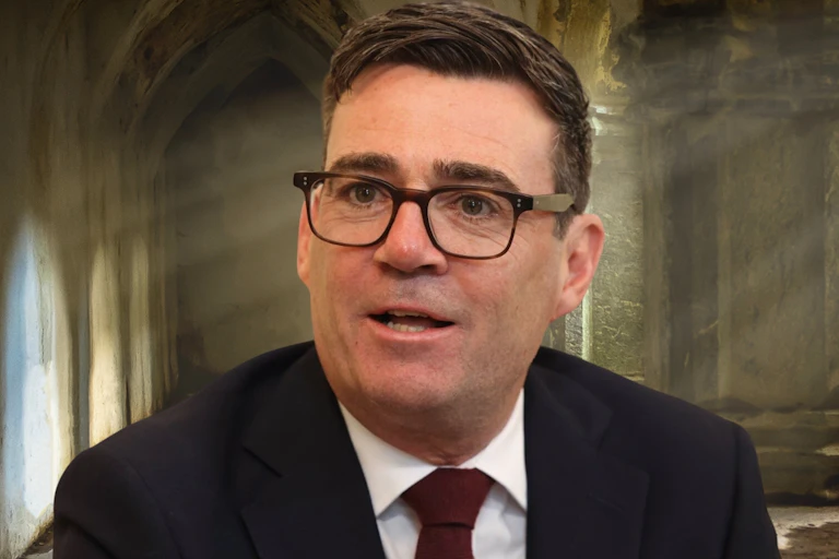 Andy Burnham and an image of a medieval cloister.