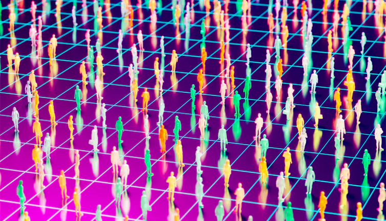 An illustration of a crowd of people on a neon grid background.