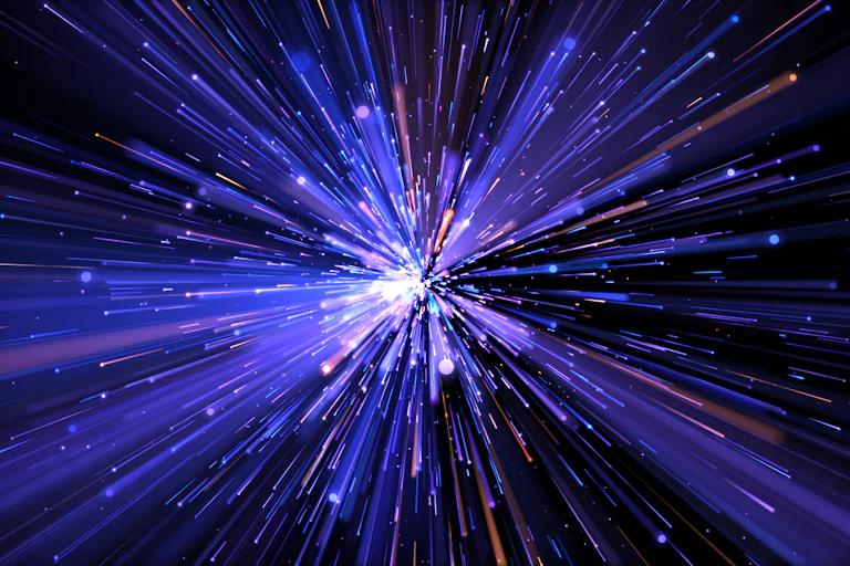 Bright blue and purple lights, leading to a vanishing point.