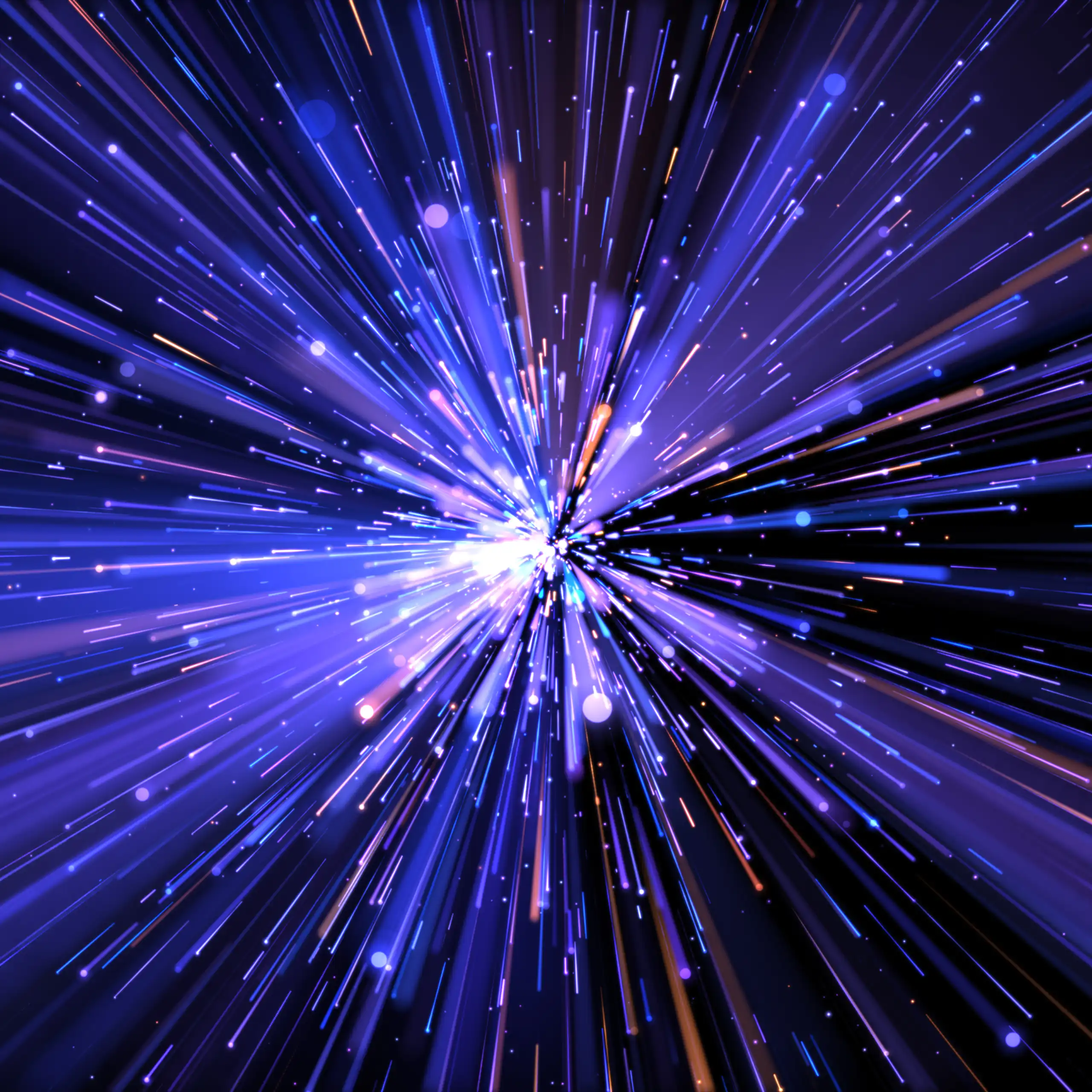 Bright blue and purple lights, leading to a vanishing point.