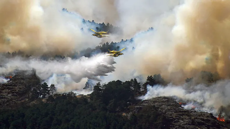 Planes fly over a forest with heavy smoke in the air.