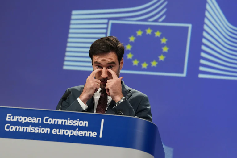 European Commission spokesperson Thomas Regnier during a conference to announce the €890 million fine for Google at EU headquarters in Brussels, July 23 2026.