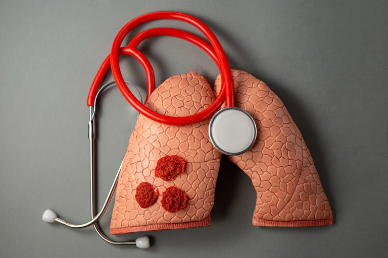 Top view of model of human lungs and medical stethoscope on gray background