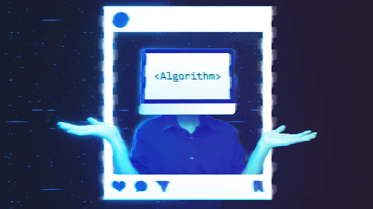 A woman with a computer over her face that says the word 'algorithm'