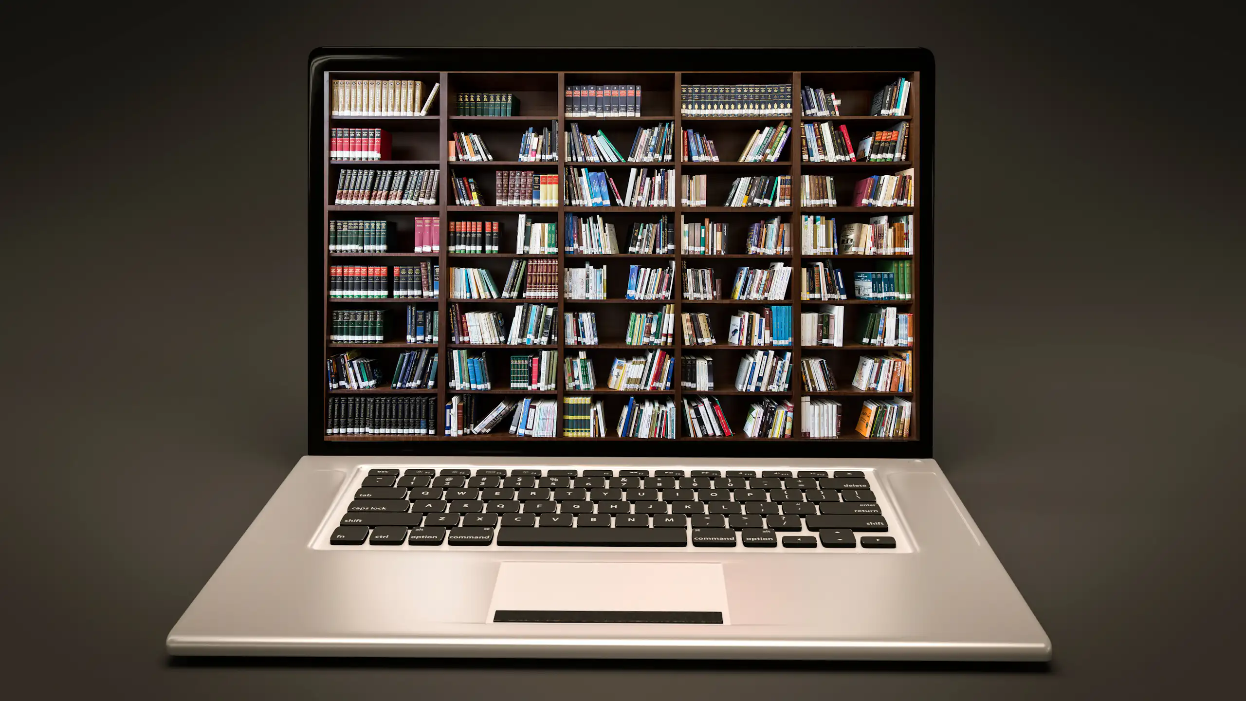 A computer screen with an image of a library on it.