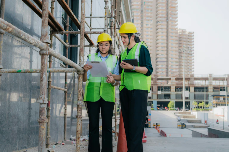 two women in hard hats and hi vis jackets
