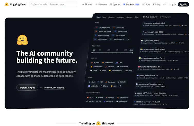 Cómo una prueba de seguridad de OpenAI se convirtió en un ciberataque del mundo real a la plataforma Hugging Face 1 Una captura de pantalla de la página de inicio del sitio web Hugging Face: una página negra con un emoji de abrazo amarillo