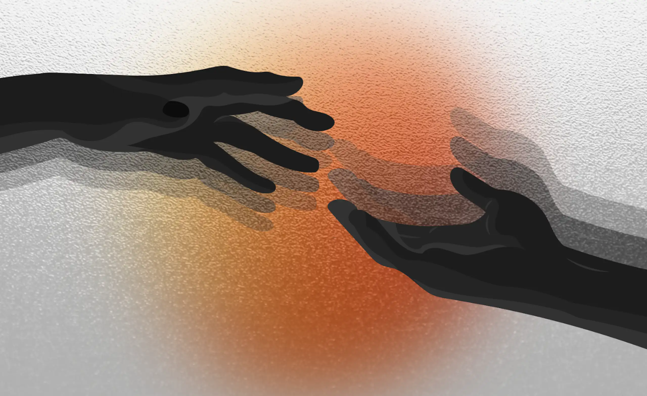 Two hands reaching out with an orange and red circle in the background