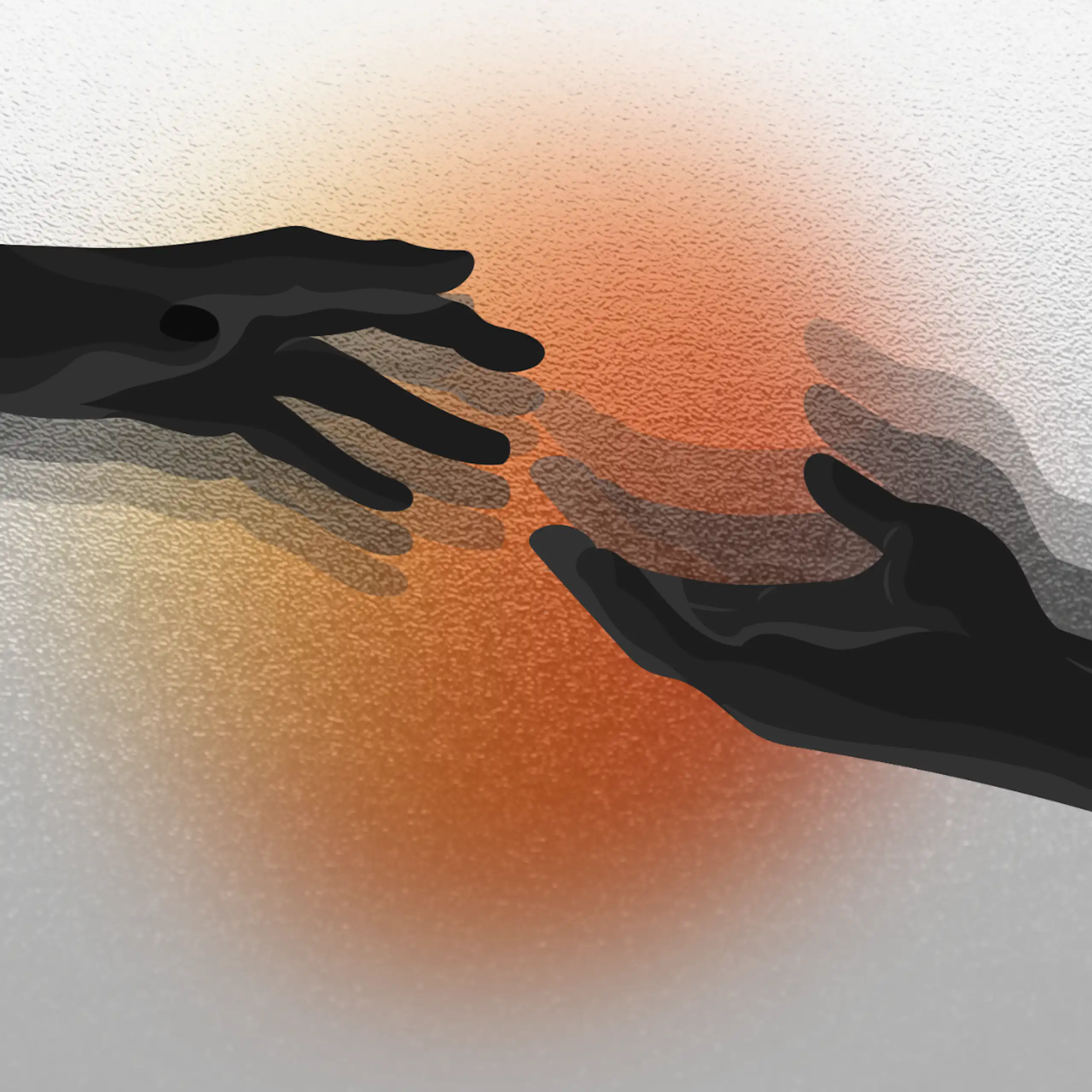Two hands reaching out with an orange and red circle in the background