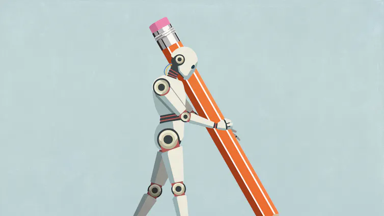 A illustration of a robot holding a pencil.