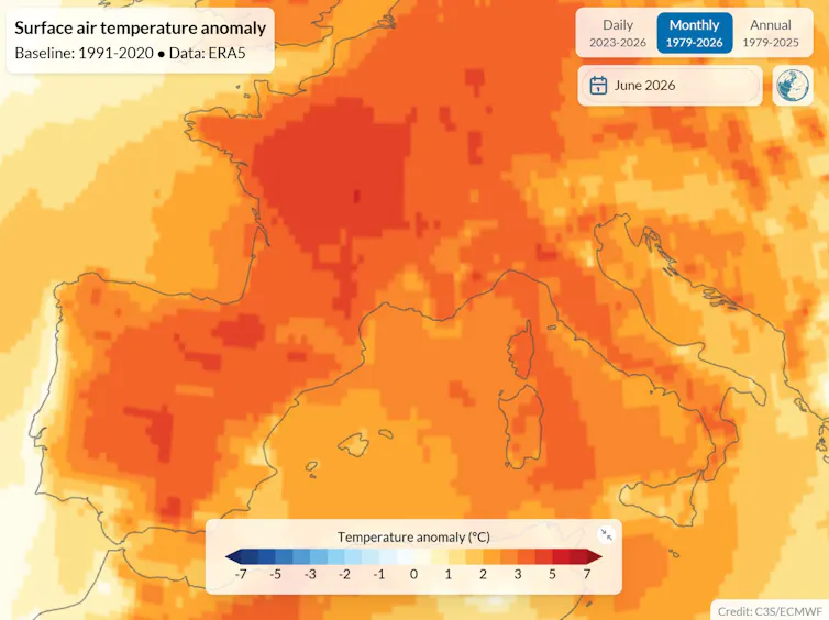 map showing Spain and France with high temperatures overlaid.