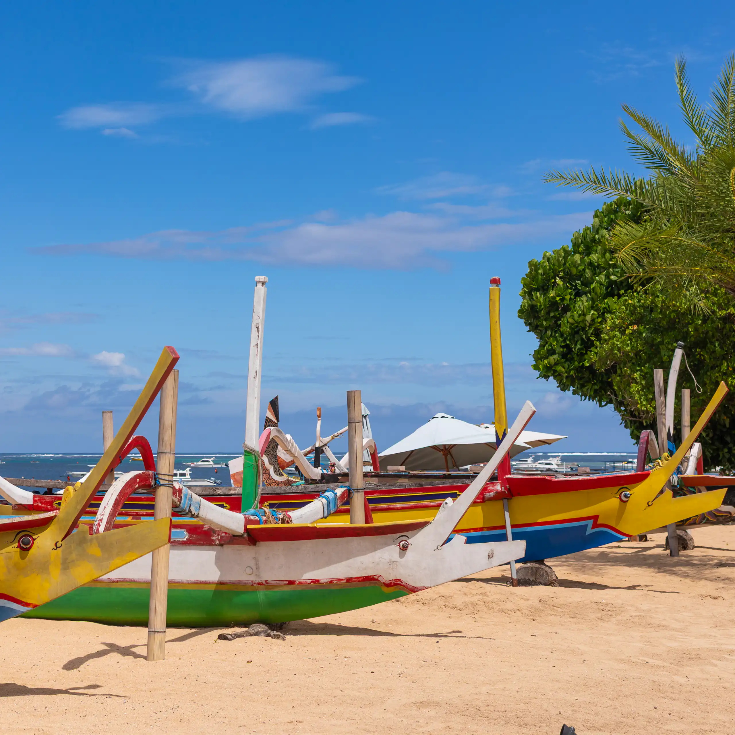Traditional Balinese boats line a beach.