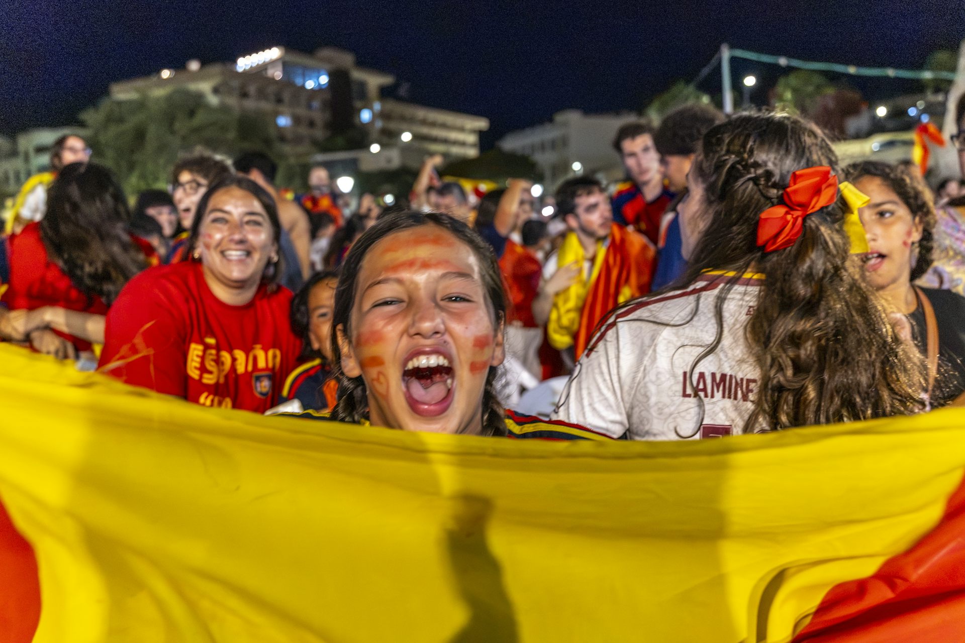 Spanish football fans celebrate after their World Cup win, July 2026.