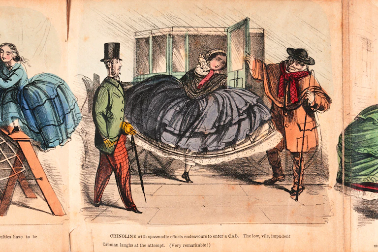 A cartoon from 1860 titled 'Crinoline - its difficulties and dangers', depicting a woman wearing a crionline dress struggling to get in or out of a carriage.