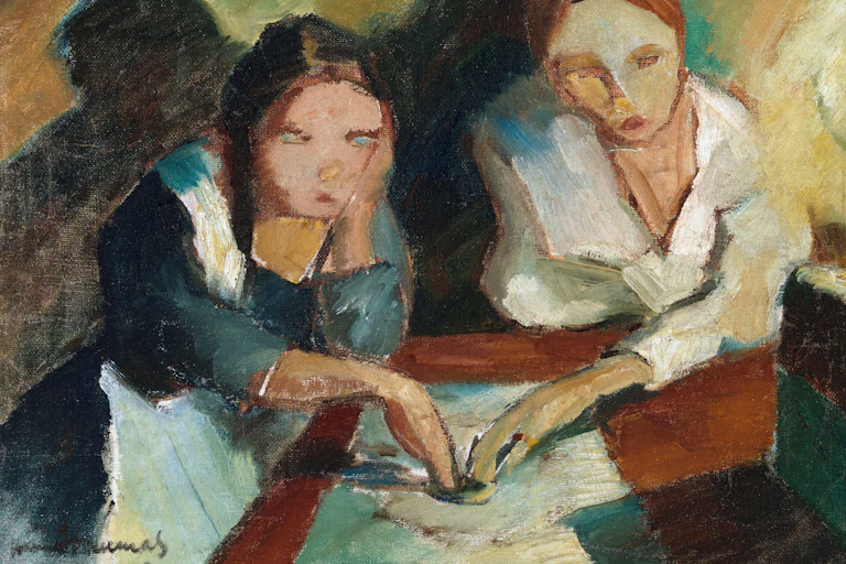 Oil painting of two women with intense expressions, their hands seemingly engaged in a spiritualistic activity. The artist's distinctive style uses bold brushstrokes and a muted color palette to create an atmospheric and somewhat melancholic scene.