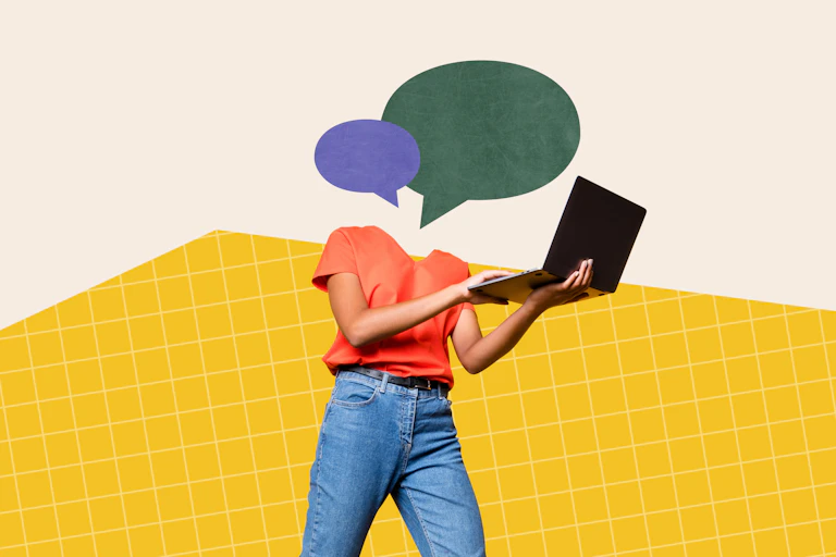 Composite artwork of woman holding a laptop