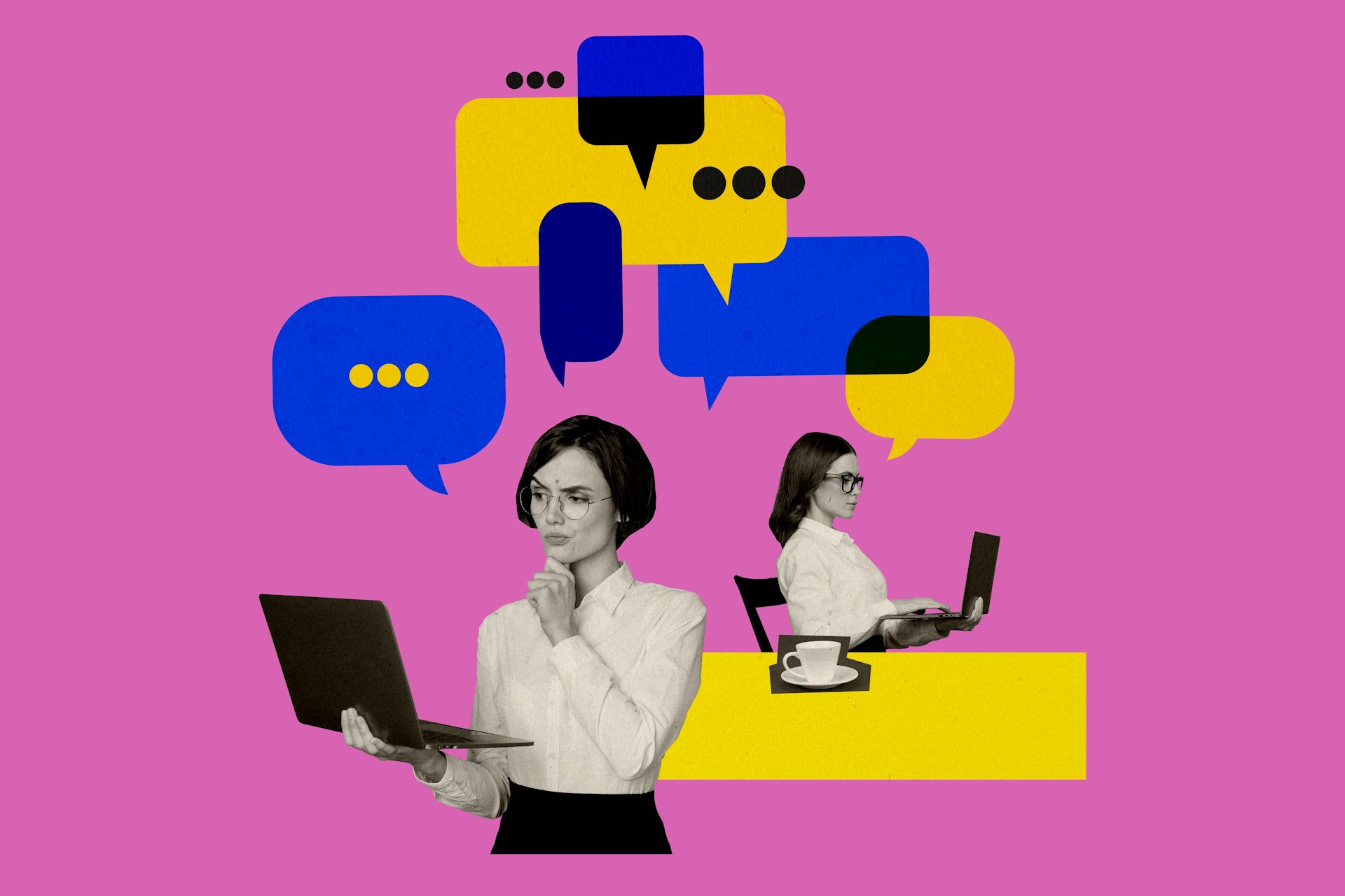 Composite artwork of woman staring at a laptop
