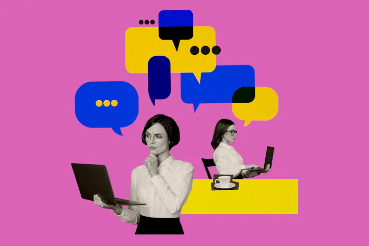 Composite artwork of woman staring at a laptop