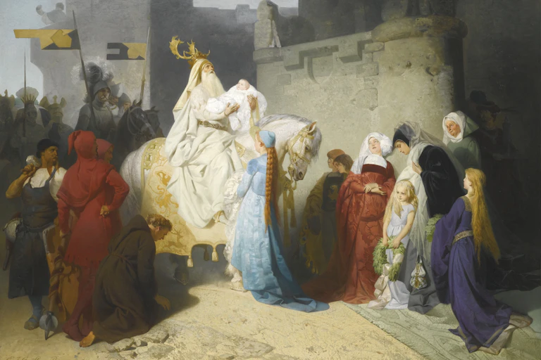 Painting of Merlin on horseback raising a baby into light.