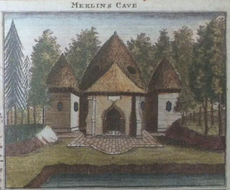 A drawing of Merlin's Cave, a building within a manicured garden