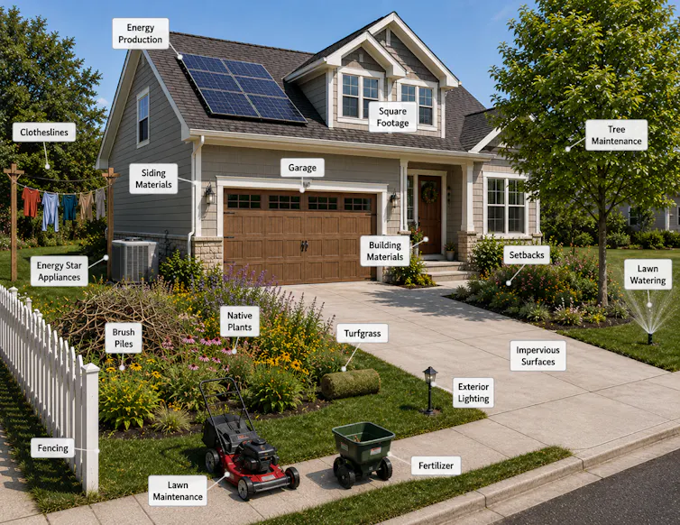A house with a clothesline, solar panels, wildflowers and other features.