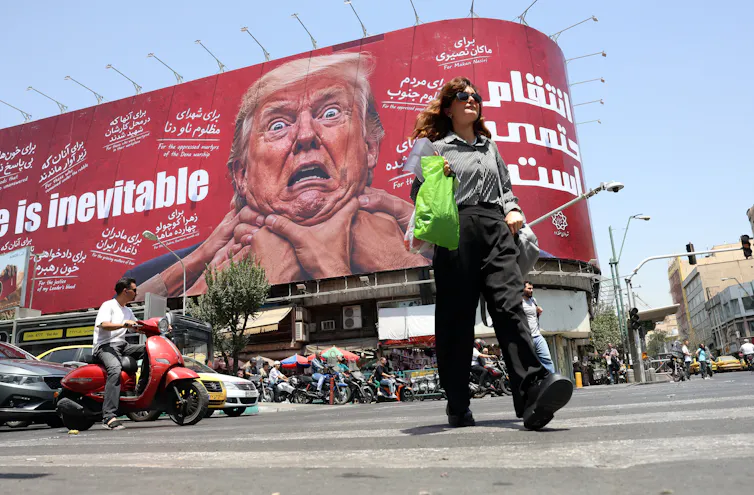 An anti-US banner on a building in central Tehran.