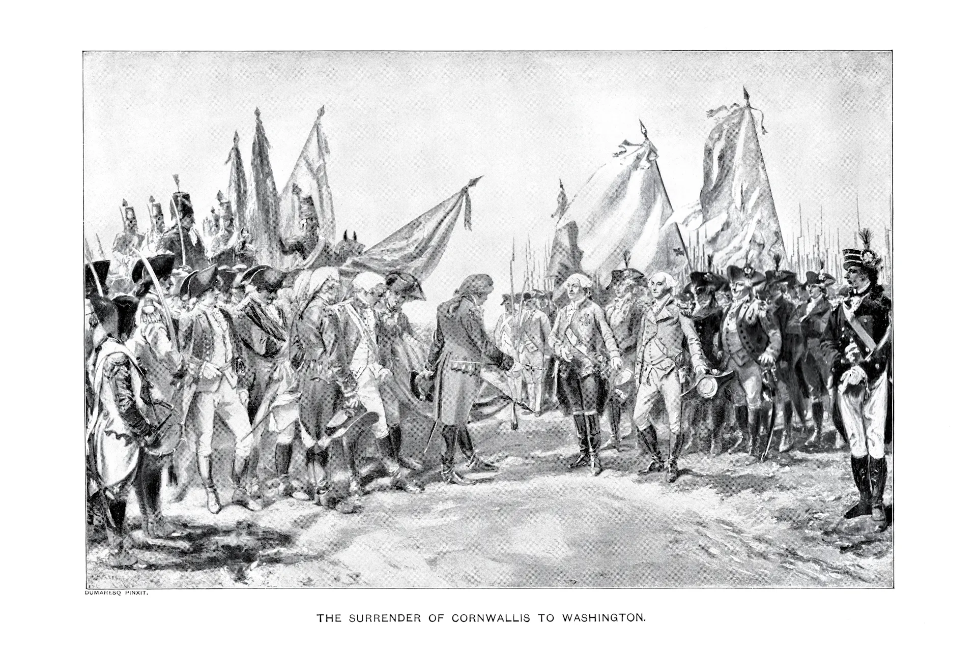 An engraving of the surrender of British forces to George Washington at the Battle of Yorktown in 1781.
Michael Lee/Moment via Getty Images via The Conversation