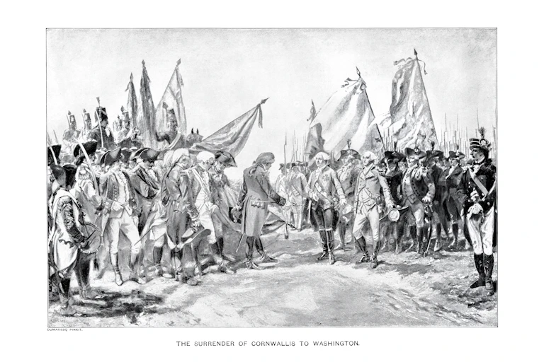 a black and white image of cornwallis and british forces surrendering to george washington at the battle of yorktown in 1781