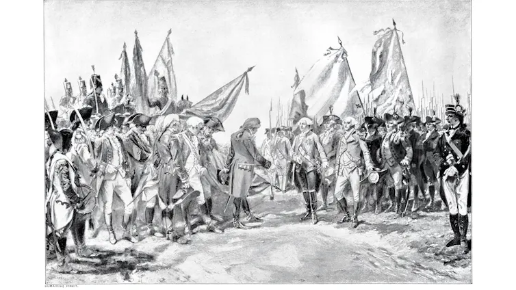 a black and white image of cornwallis and british forces surrendering to george washington at the battle of yorktown in 1781