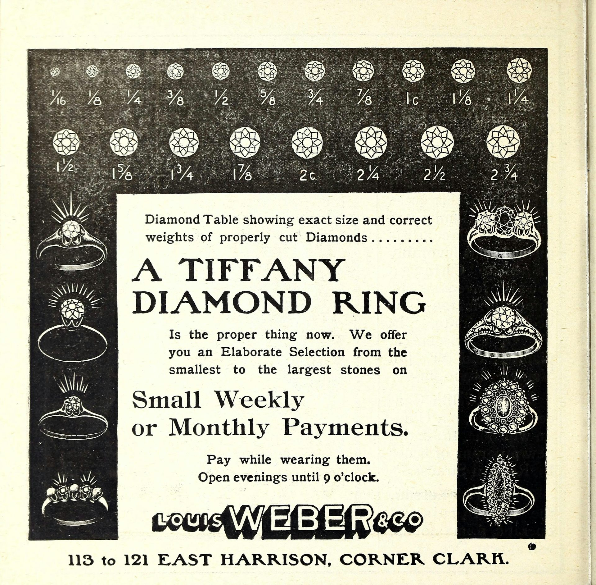 A 1902 advertisement for diamond rings for sale by Louis Weber & Co, in Chicago, Illinois.