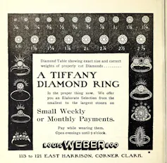 A 1902 advertisement for diamond rings for sale by Louis Weber & Co, in Chicago, Illinois.