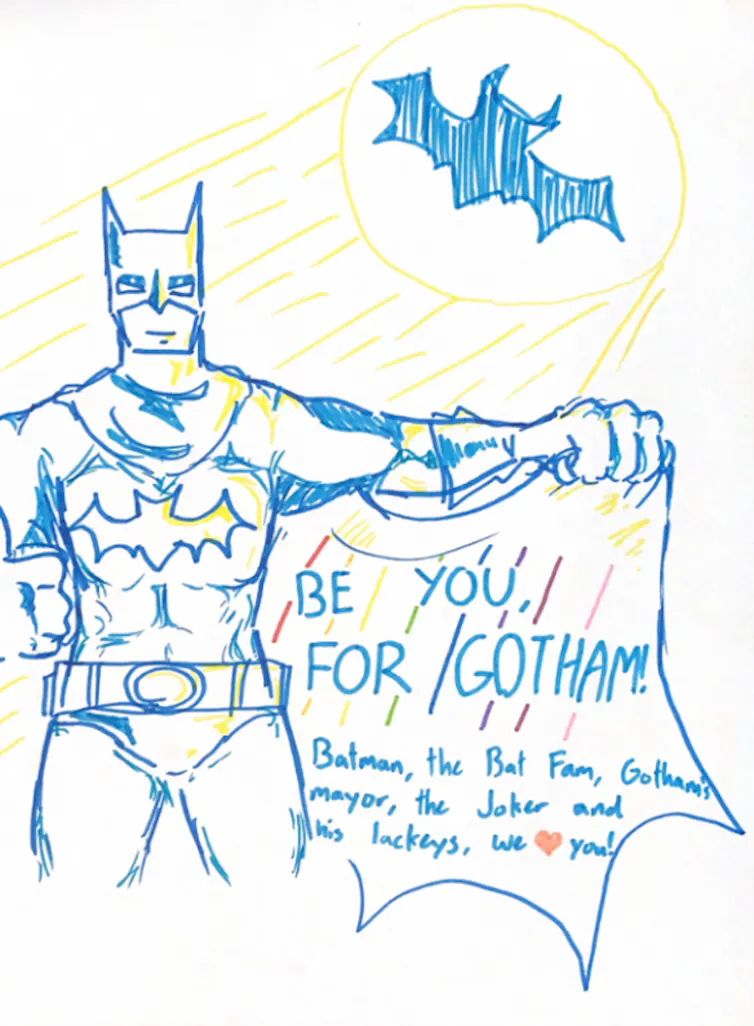 Pencil drawing of Batman with open cape with text that reads be you for Gotham.