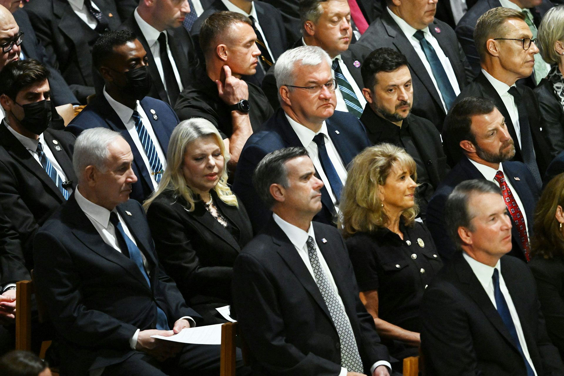 Mourners including Israeli prime minister, Benjamin Netanyahu, and Ukrainian president, Volodymyr Zelensky, at the funeral of Senator Lindsey Graham, July 28 2026.