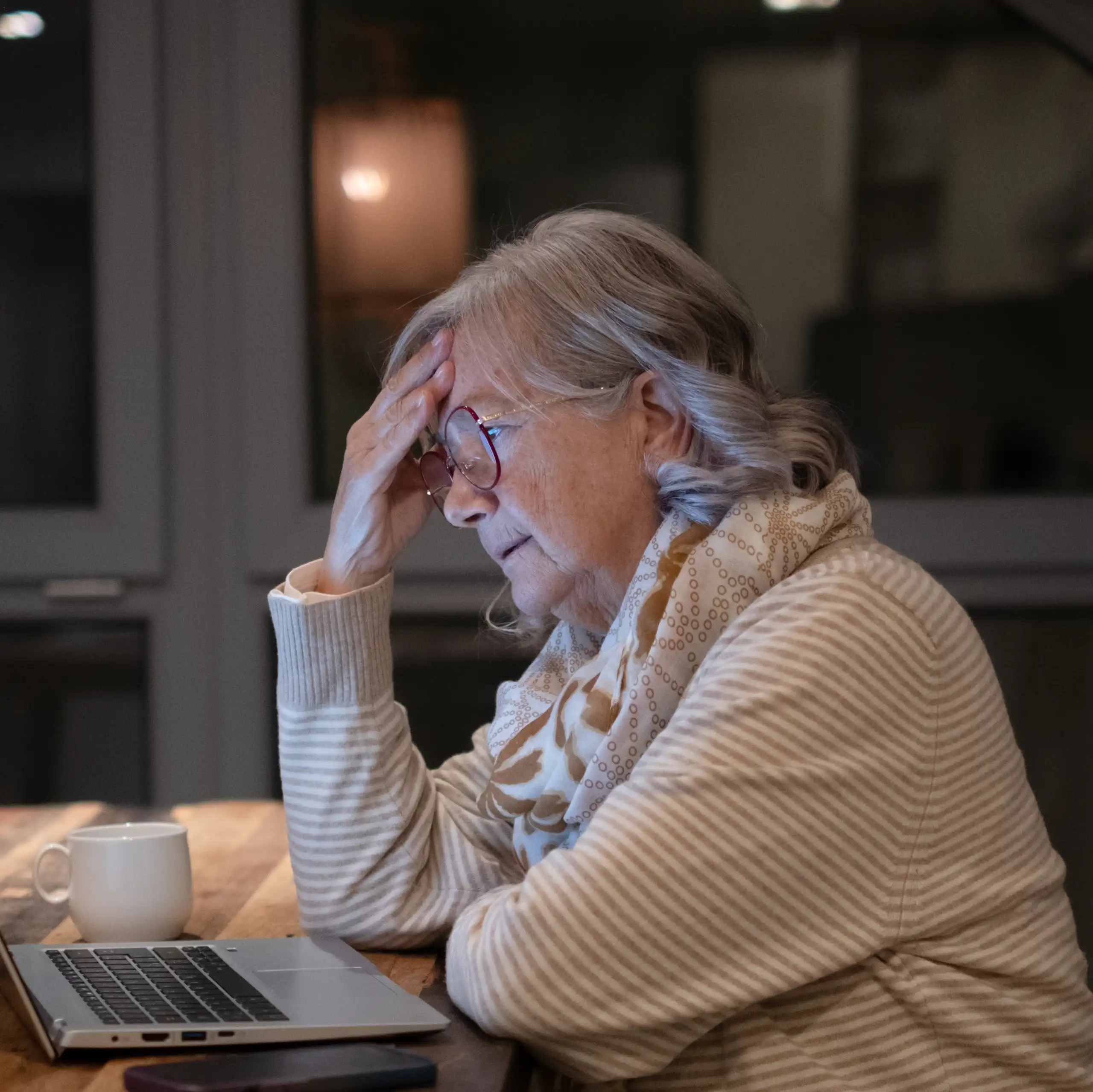 Una dona gran davant d'un ordinador portàtil en un ambient casolà.