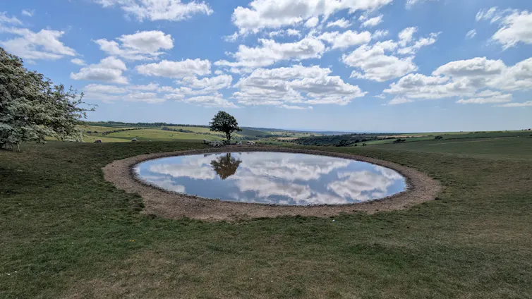 Imagen de un estanque en el que se refleja el cielo nuboso y un árbol.