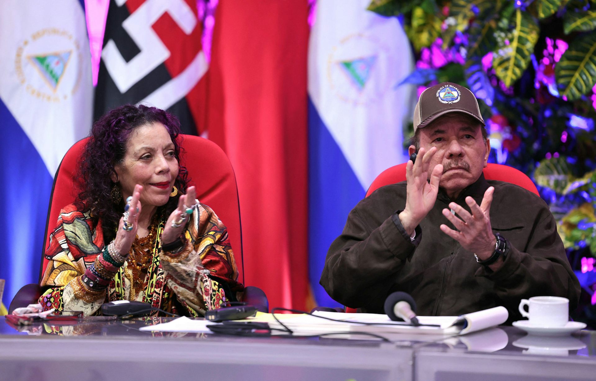 Nicaraguan president Daniel Ortega with his wife and co-president, Rosario Murillo.