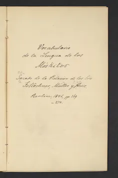 Vocabulario manuscrito de la lengua miskita, copiado por Hermann Berendt en 1851.