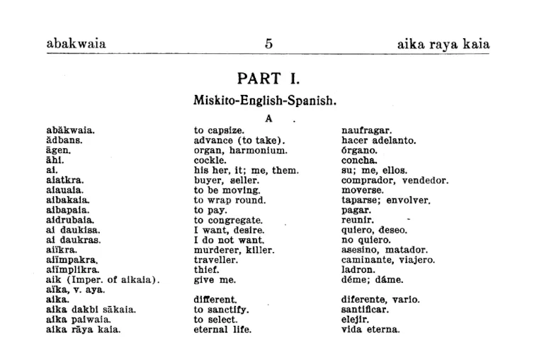 Extracto del diccionario miskito-inglés-español.