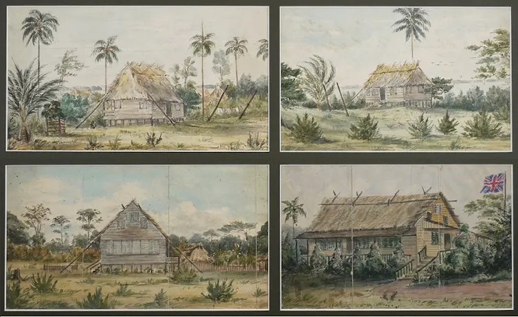 Cuatro acuarelas que representan viviendas de Bluefields, en la Costa de los Mosquitos, en julio de 1845.