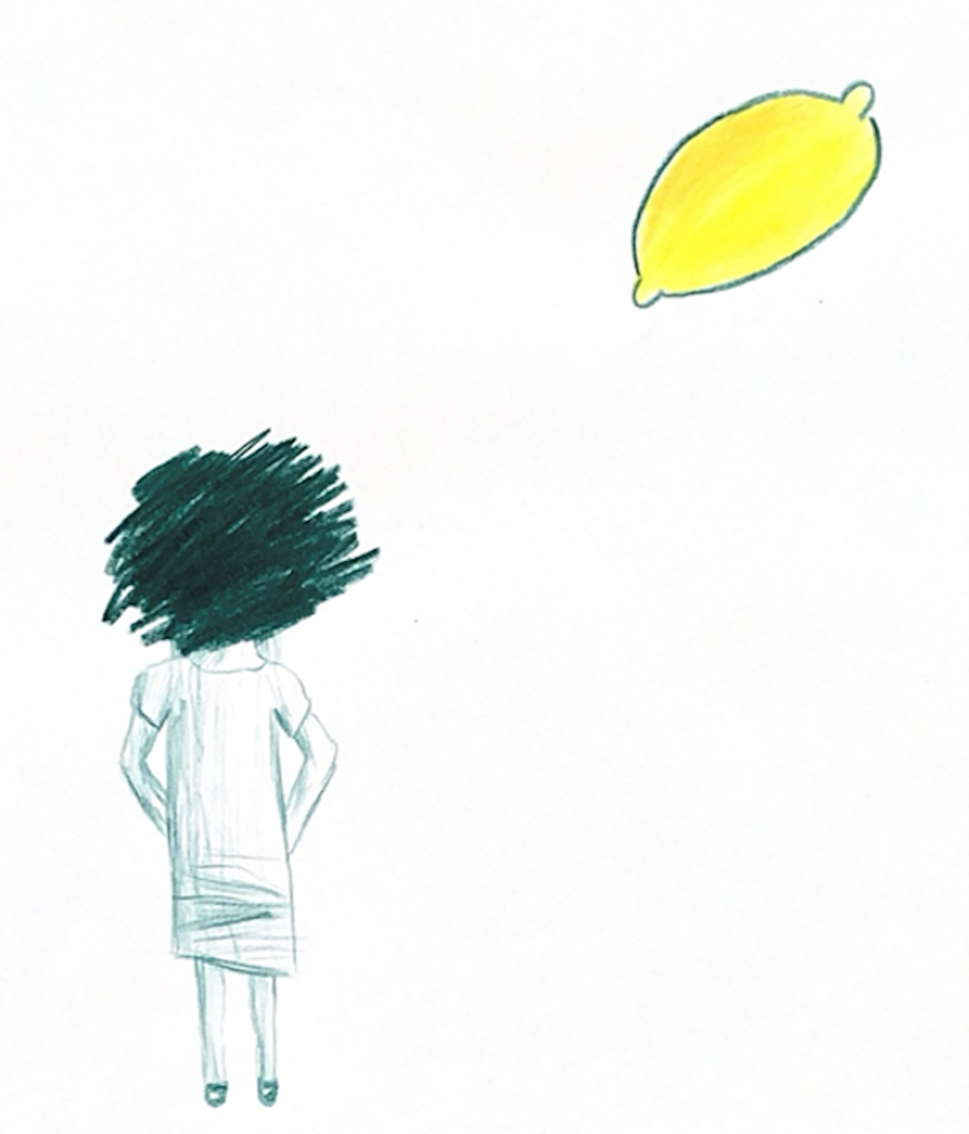 Pencil drawing of a small person with black hair in left corner. Large lemon in top right corner.