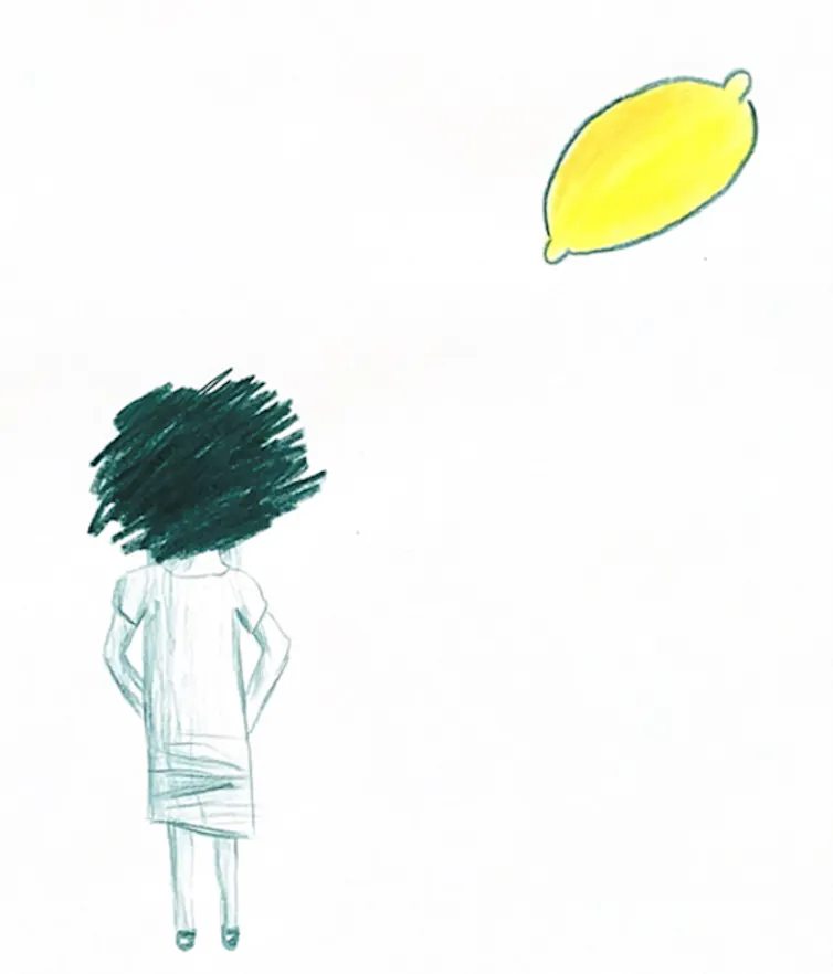 Pencil drawing of a small person with black hair in left corner. Large lemon in top right corner.