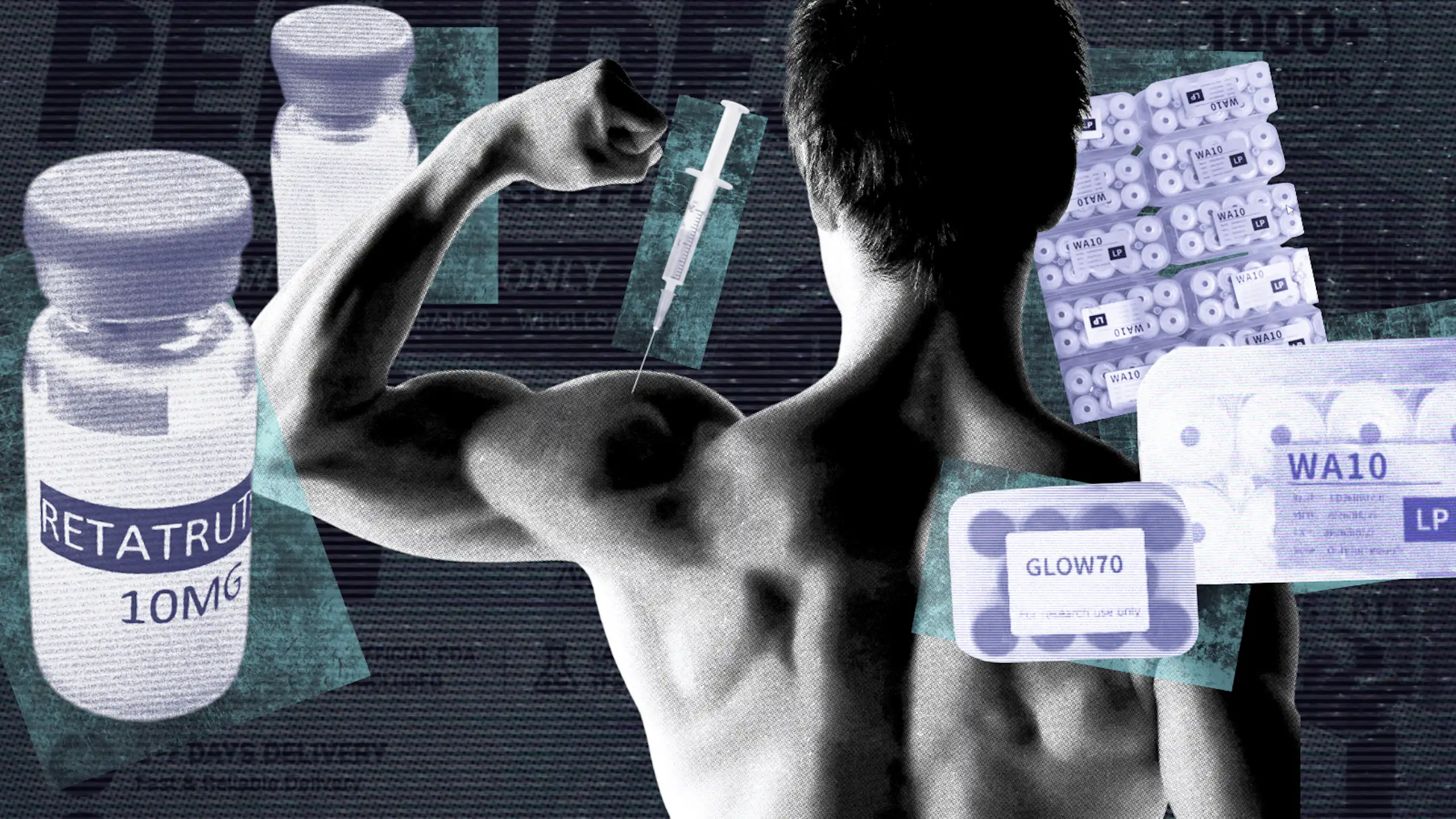 A man with a needle in his arm and vials of peptides in the background.