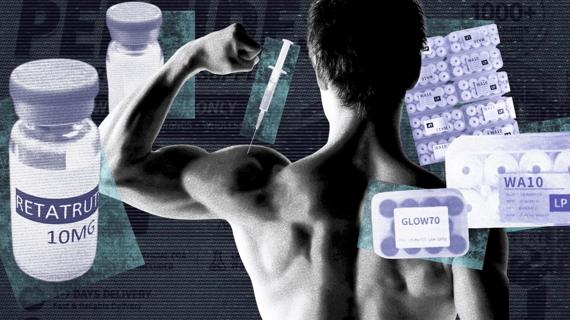 A man with a needle in his arm and vials of peptides in the background.