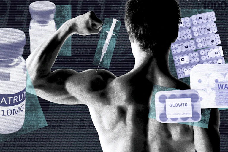 A man with a needle in his arm and vials of peptides in the background.