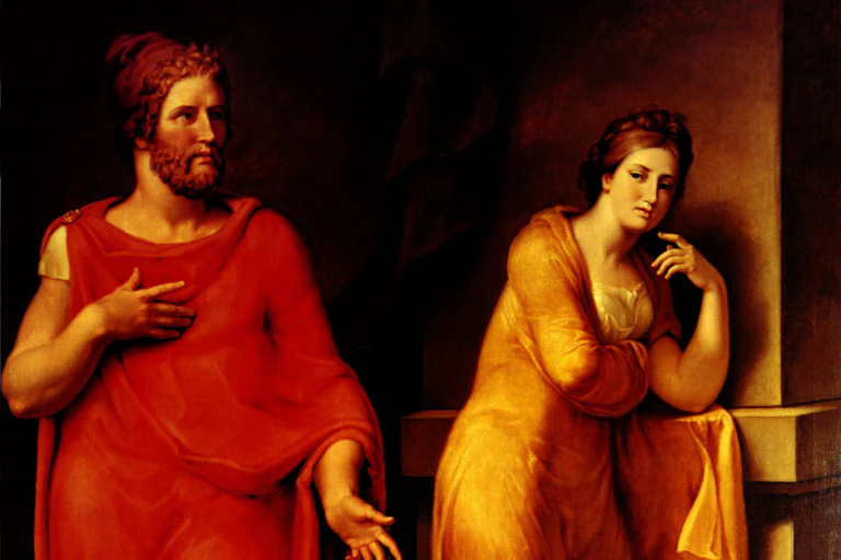 a man in a red robe and woman looking a bit bored in gold robe