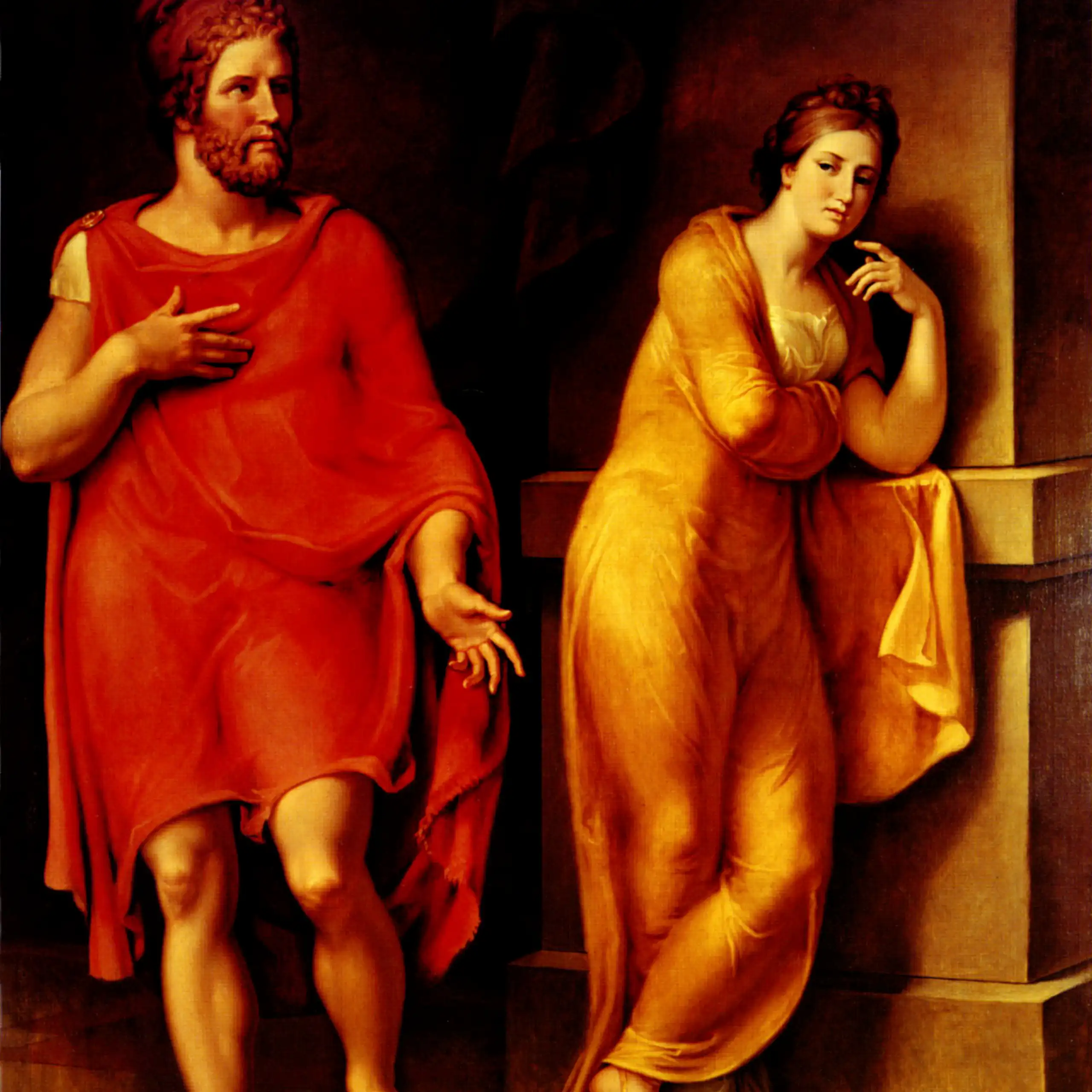 a man in a red robe and woman looking a bit bored in gold robe